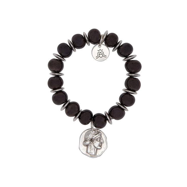bracelet with signature Greek ceramic beads and coin-silver tones and glossy 