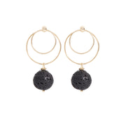 Front facing double hoop earrings with inner and outer circle and a black lava dangle.