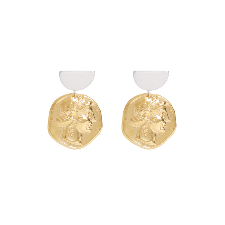 A short pair of earrings with silver plated semi circle posts and gold plated Greek coins.