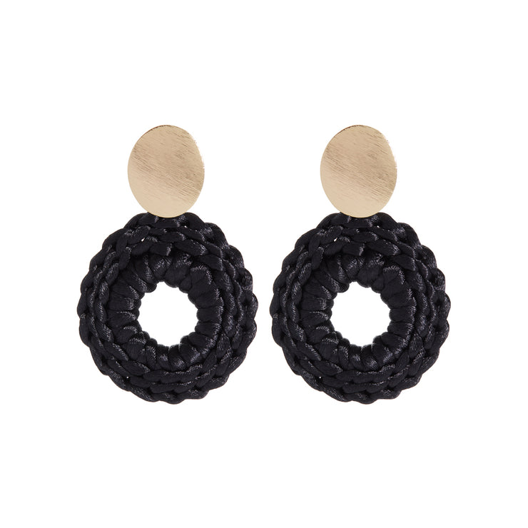 Pair of front facing hoop-style hand crocheted drops under oval gold tone earring posts.