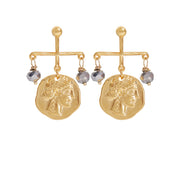 A pair of earrings with cross type gold plated posts, a center gold plated Greek coin and two silver tone plated crystal cut glass beads-one on each side.