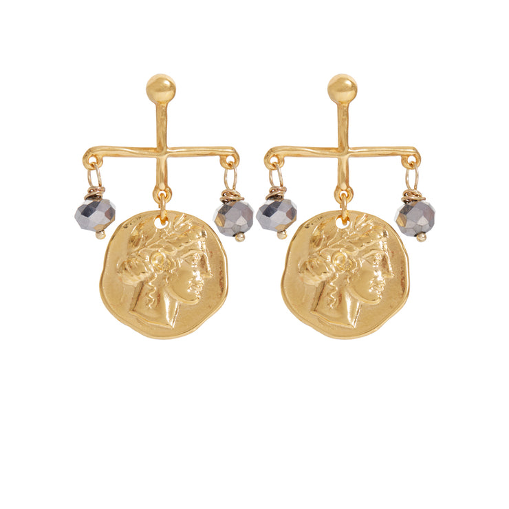 A pair of earrings with cross type gold plated posts, a center gold plated Greek coin and two silver tone plated crystal cut glass beads-one on each side.