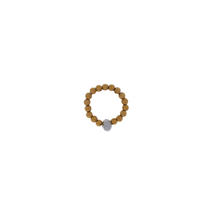 Gold tone beaded ring with plated crystal cut glass focal