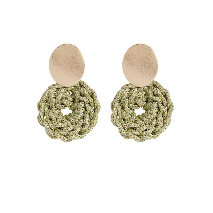 Pair of small front facing hand crocheted hoops in olive green and gold with oval gold plated posts