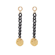 Pair of very long earrings with distressed black chain, Greek coin charm in gold and gold tone wreath style posts.