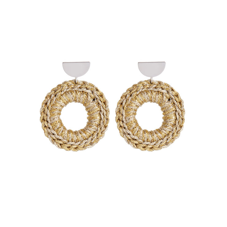  Pair of front facing hand crocheted hoops in mixed metal tones, with silver tone semi circle earring posts