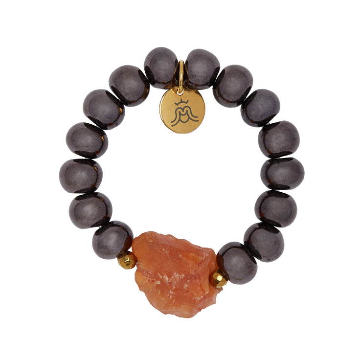 Bracelet made of carnelian, ceramic and hematite beads in black/brown and golden tones