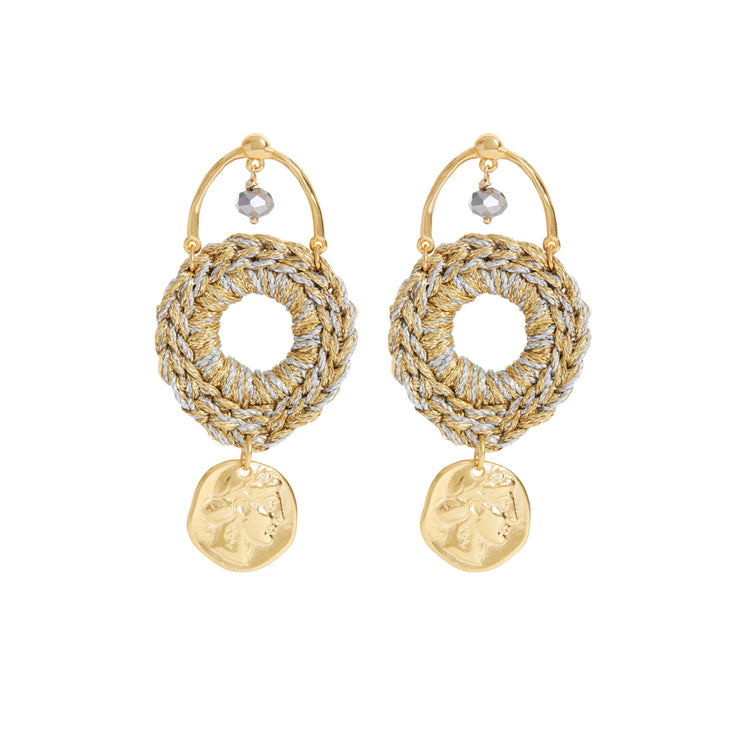 Dramatic pair of long statement earrings with hand crocheted drops, gold plated Greek coins, gold plated posts and silver tone plated crystal cut glass beads.