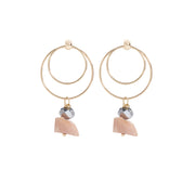 Pair of earrings, gold tone front facing double hoops, small and big circle, with a silver tone plated crystal cut glass and raw sunstone dangle.