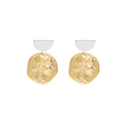 A short pair of earrings with silver plated semi circle posts and gold plated Greek coins.