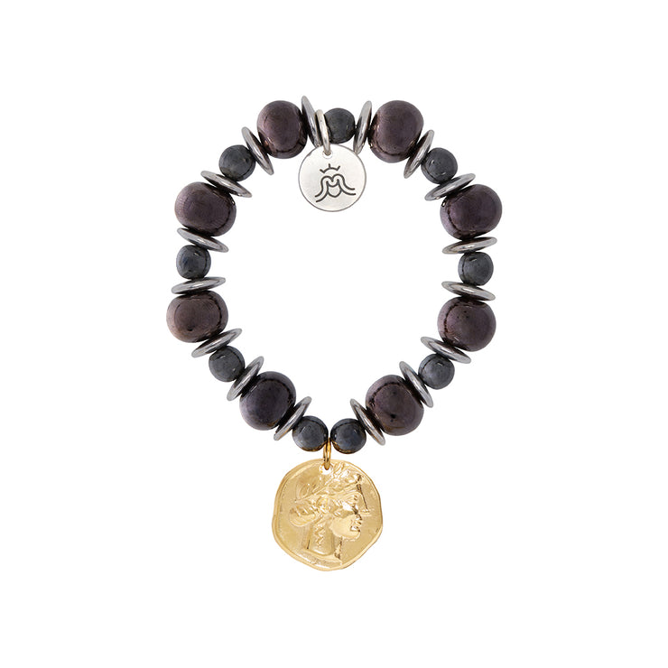 bracelet with signature Greek ceramic beads and coin-silver tones and glossy 