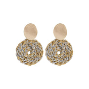 A pair of hand crocheted front facing hoops in mized metal tones and oval gold tone earring posts 