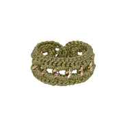 Chunky  hand crocheted bracelet where gold tone chain meets olive green and gold tones.