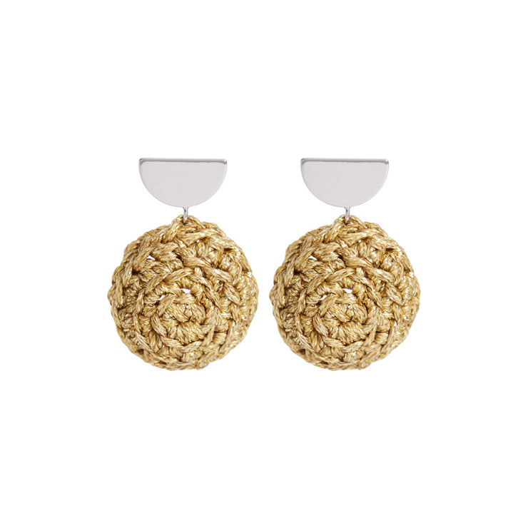 Pair of earrings. Hand crocheted domes in sand gold under silver tone semi circle earring posts.