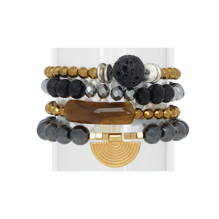 A set of 4 bracelets in mixed metal, brown and black tones with gemstones and a horn-like acrylic focal bead.