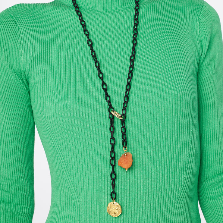 Helena gold coin, carnelian and black thread chain lightweight lariat necklace